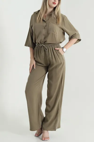 Haki Tencel Gömlek Pantolon Kadın İkili Takım 469724
