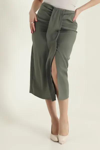 Haki Tencel Modal Twil Kadın Etek 434019