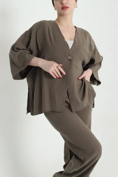 Haki Tencel Pantolon Bluz Kadın İkili Takım 440598