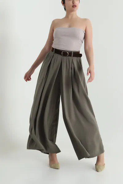 Haki Tencel Pileli Kadın Pantolon 465928
