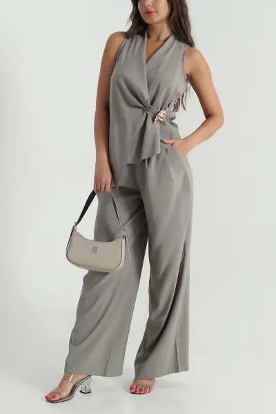 Haki Tokalı Tencel Bluz  Pantolon Kadın İkili Takım 472322