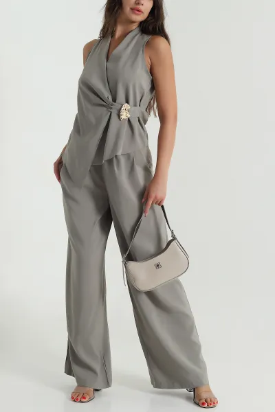 Haki Tokalı Tencel Bluz  Pantolon Kadın İkili Takım 472322