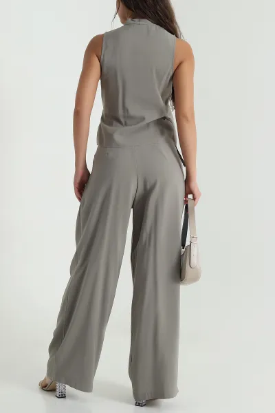 Haki Tokalı Tencel Bluz  Pantolon Kadın İkili Takım 472322