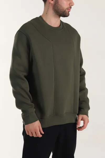 Haki Üç İp Şardonlu Bisiklet Yaka Erkek Sweatshirt 410903