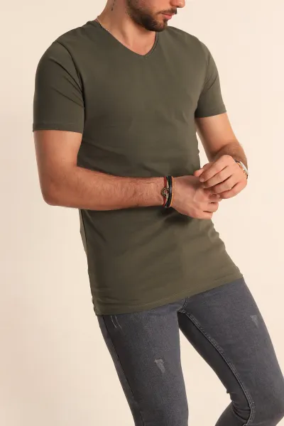 Haki V Yaka Basic Erkek Tişört 181370