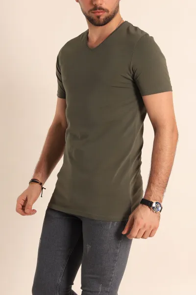 Haki V Yaka Basic Erkek Tişört 181370