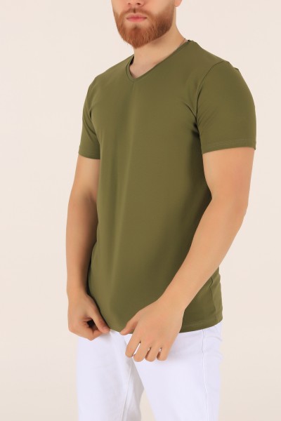 Haki V Yaka Basic Erkek Tişört 169565