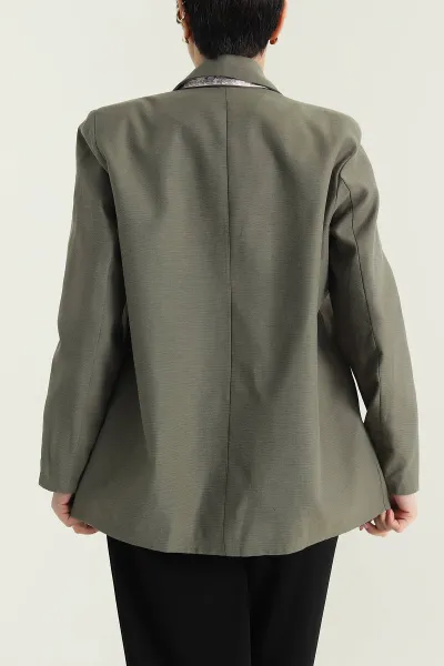 Haki Vatkalı Keten Blazer Kadın Ceket 435719