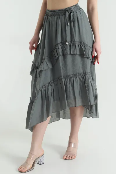 Haki Volanlı Tencel Kadın Etek 443046