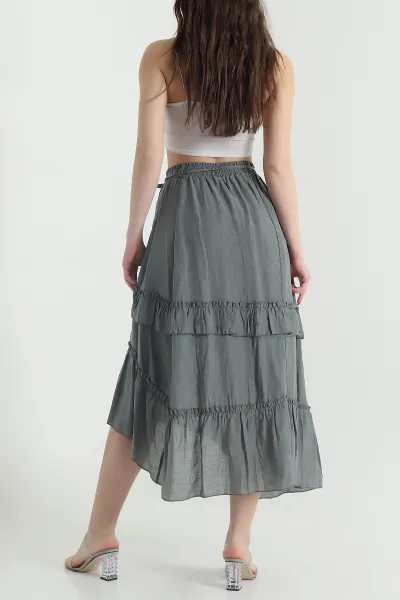 Haki Volanlı Tencel Kadın Etek 443046