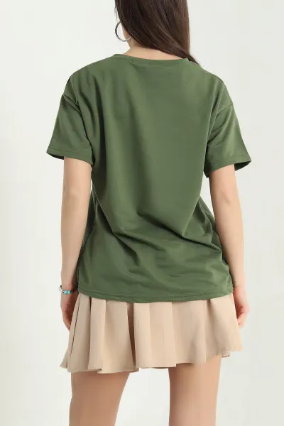 Haki Worteks İki İp Bisiklet Yaka Bayan Tişört 338255