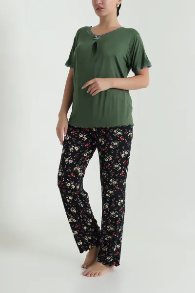 Haki Yakası Dantelli Ring Viskon Kadın Pijama Takımı 479547