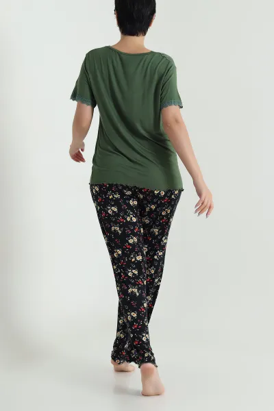 Haki Yakası Dantelli Ring Viskon Kadın Pijama Takımı 479547