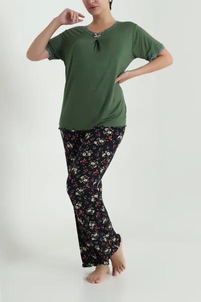 Haki Yakası Dantelli Ring Viskon Kadın Pijama Takımı 479547