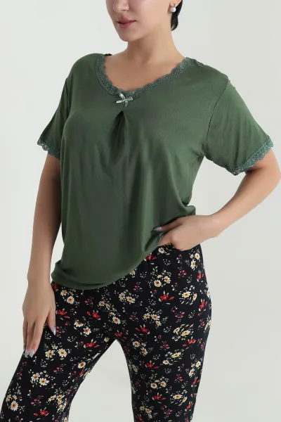 Haki Yakası Dantelli Ring Viskon Kadın Pijama Takımı 479547