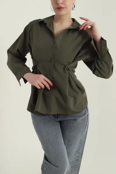 Haki Yan Düğmeli Poplin Kadın Gömlek 428458