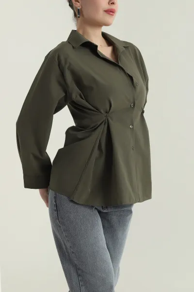Haki Yan Düğmeli Poplin Kadın Gömlek 428458
