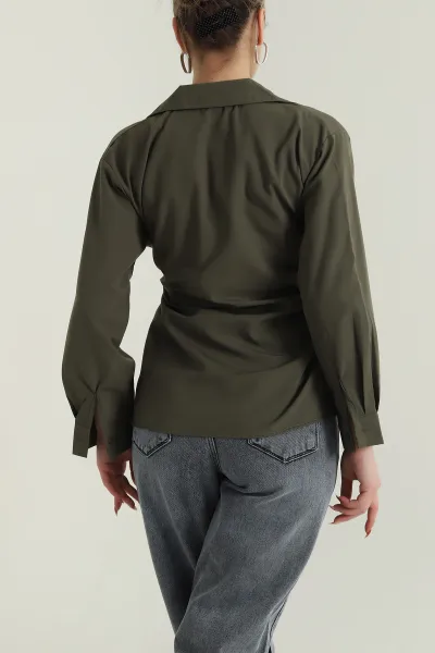 Haki Yan Düğmeli Poplin Kadın Gömlek 428458