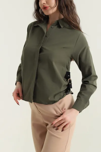 Haki Yanı Kemerli Poplin Dokuma Kadın Gömlek 432105