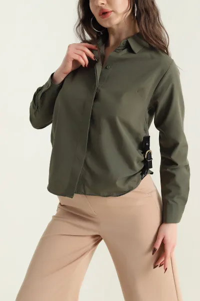 Haki Yanı Kemerli Poplin Dokuma Kadın Gömlek 432105