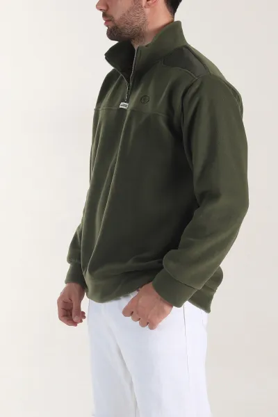 Haki Yarım Fermuarlı Nakış Detaylı Dik Yaka Polar Kumaş Erkek Sweatshirt 404237