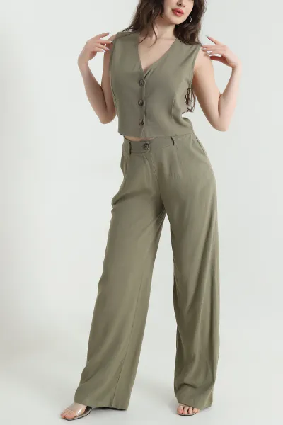 haki-yelek-pantolon-ham-keten-kadin-ikili-takim-450679