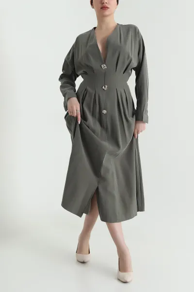 Haki Yırtmaçlı Tencel Kadın Elbise 449037