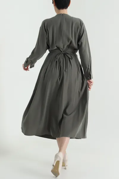 Haki Yırtmaçlı Tencel Kadın Elbise 449037