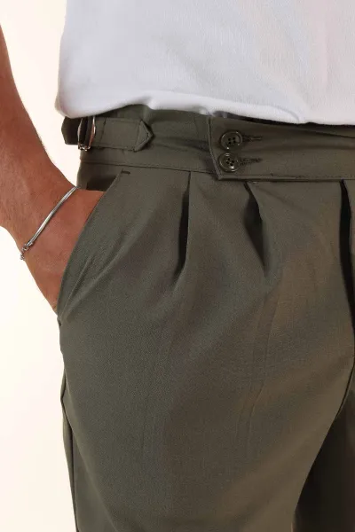 Haki Yüksek Bel Kemer Detaylı Duble Paça Erkek Kumaş Pantolon 391425