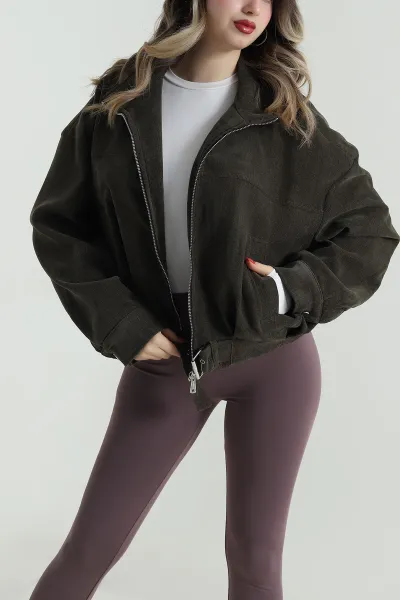Haki Yüksek Yaka Denim Modal Kadın Mont 499350