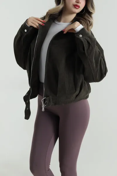 Haki Yüksek Yaka Denim Modal Kadın Mont 499350