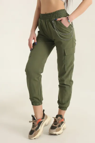 Haki Zincirli Kargo Cep Jogger Kadın Keten Pantolon 337686