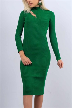 Halka Detay Yeşil Bayan Triko Midi Elbise 10474B