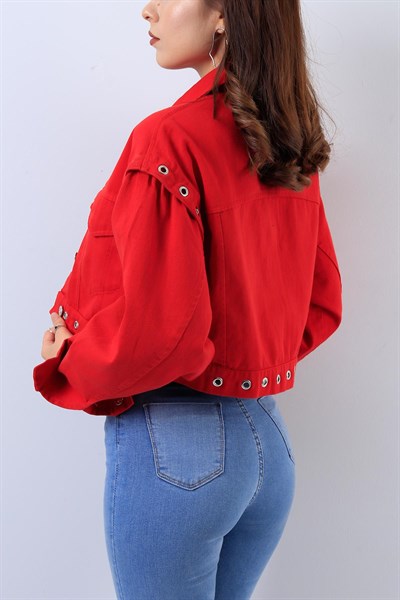 Halka Detaylı Kırmızı Bayan Kot Ceket 17980B