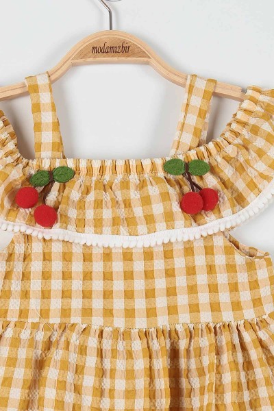Hardal (1-3 Yaş) Kiraz Motifli Kareli Askılı Kız Çocuk Elbise 181121