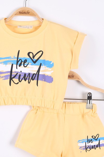 Hardal (2-5 Yaş) Be Kind Kalp Baskılı Şortlu Kol Katlamalı Kız Çocuk Takım 174758