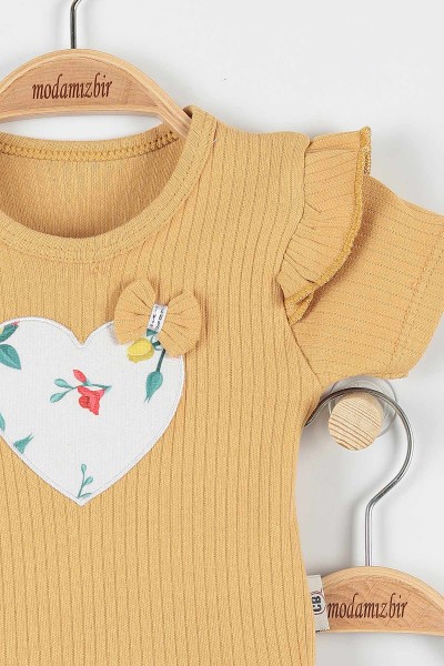 Hardal (3-15 Ay) Fiyonklu Çiçek Baskılı Kalp Nakışlı Kız Bebe Takım 173393