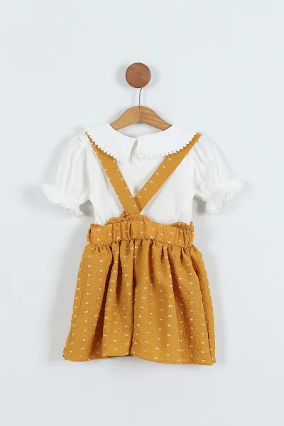 Hardal (4-8 Yaş) Papatya Tokalı Bebe Yaka Kız Çocuk Salopet Takım 276848