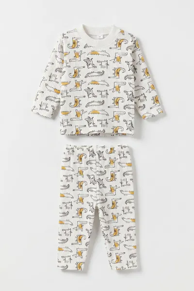 Hardal Beyaz  (1-3 Yaş) Balık Desenli Raporlu Çocuk Pijama Takım 477336