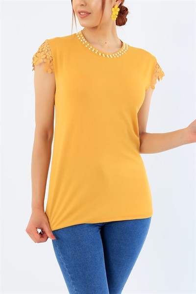Hardal Dantelli Omuz İncili Yaka Bluz 31857