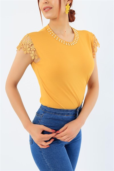 Hardal Dantelli Omuz İncili Yaka Bluz 31857
