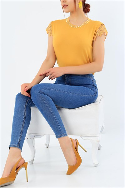 Hardal Dantelli Omuz İncili Yaka Bluz 31857