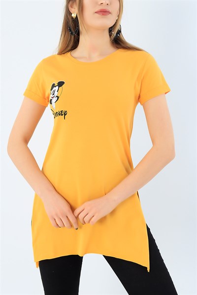 Hardal Disney Baskılı Yırtmaçlı Tişört 33676