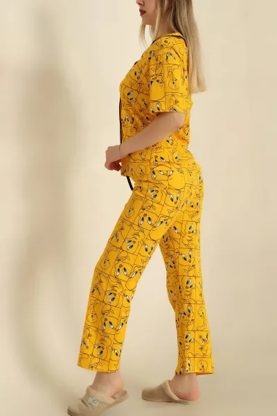 Hardal Düğmeli Desenli Bayan Pijama Takımı 258525