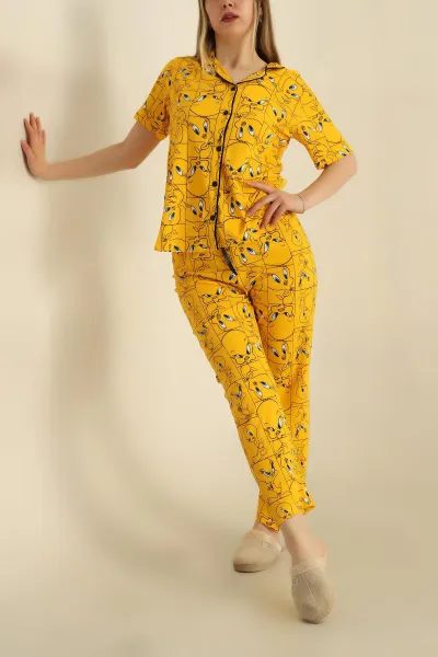Hardal Düğmeli Desenli Bayan Pijama Takımı 258525