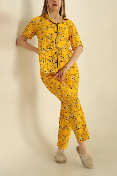 Hardal Düğmeli Desenli Bayan Pijama Takımı 258525