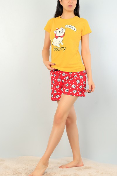 Hardal Kırmızı Baskılı Bayan Pijama Takımı 68270