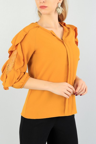 Hardal Kolları Fırfırlı Tül Tasarım Bluz 59195