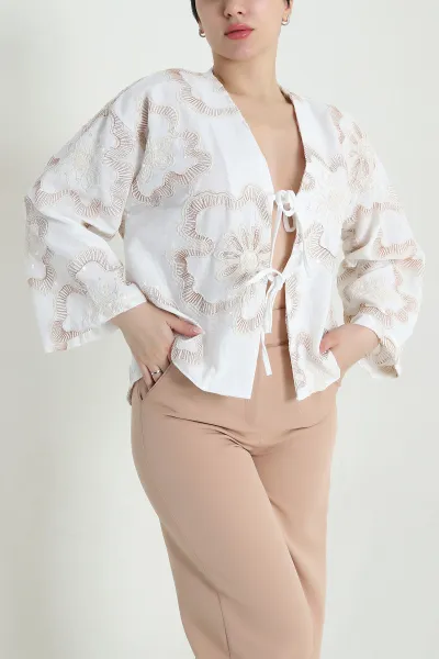 Hardal Nakışlı Pullu Müslin Kadın Kimono 461510