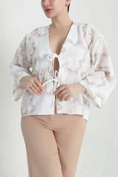 Hardal Nakışlı Pullu Müslin Kadın Kimono 461510